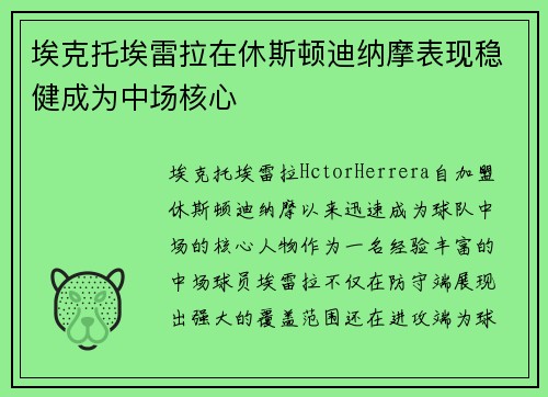 埃克托埃雷拉在休斯顿迪纳摩表现稳健成为中场核心