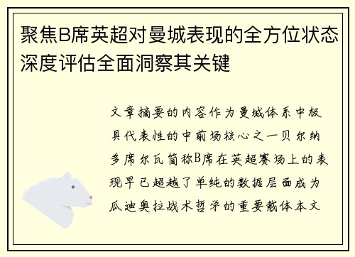 聚焦B席英超对曼城表现的全方位状态深度评估全面洞察其关键 聚焦B席英超对曼城表现的全方位状态深度评估全面洞察其关键